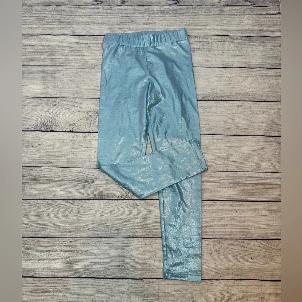Girls Metallic Blue Shimmer Leggings Size L 10–12 NWT Stretch Elastic Waist